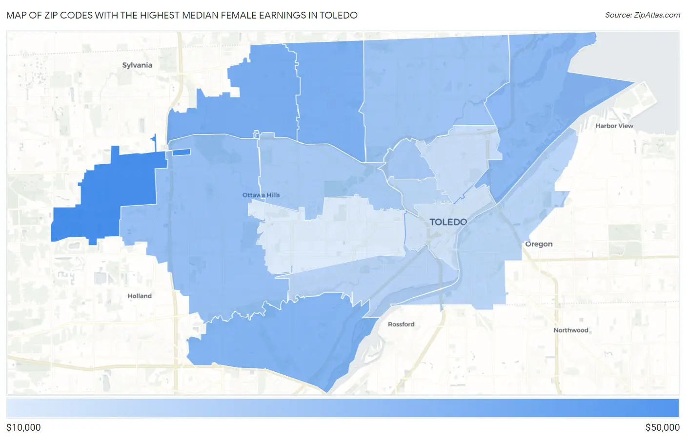 Zip Codes with the Highest Median Female Earnings in Toledo Map