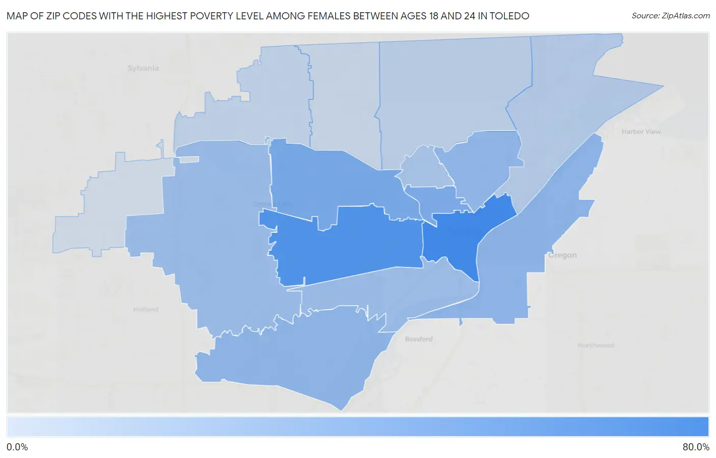 Zip Codes with the Highest Poverty Level Among Females Between Ages 18 and 24 in Toledo Map
