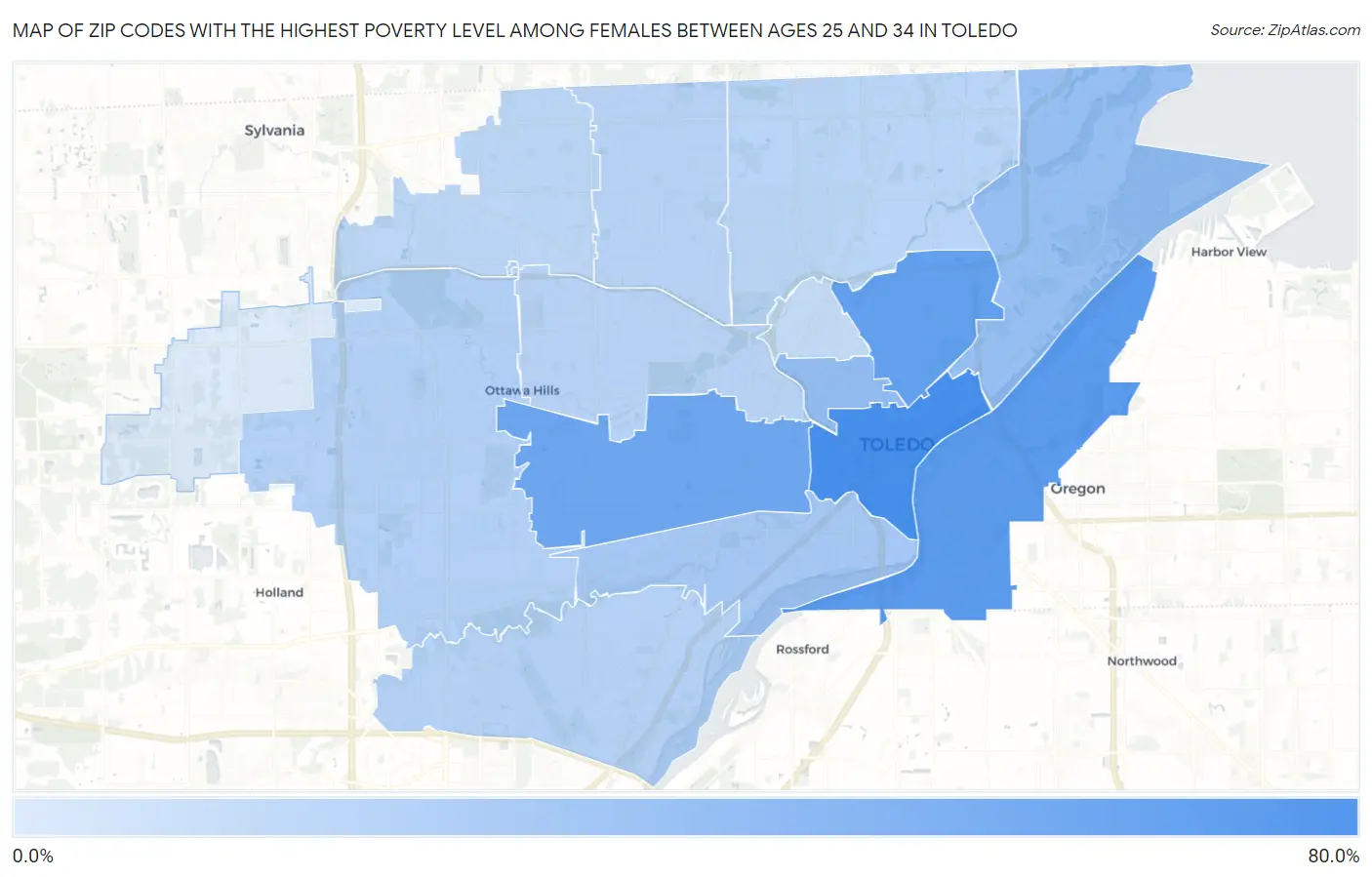 Zip Codes with the Highest Poverty Level Among Females Between Ages 25 and 34 in Toledo Map