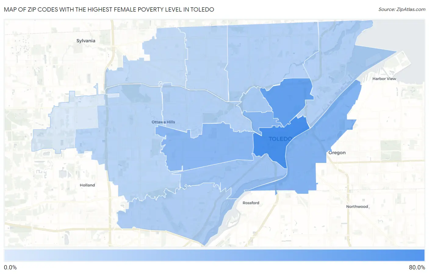 Zip Codes with the Highest Female Poverty Level in Toledo Map