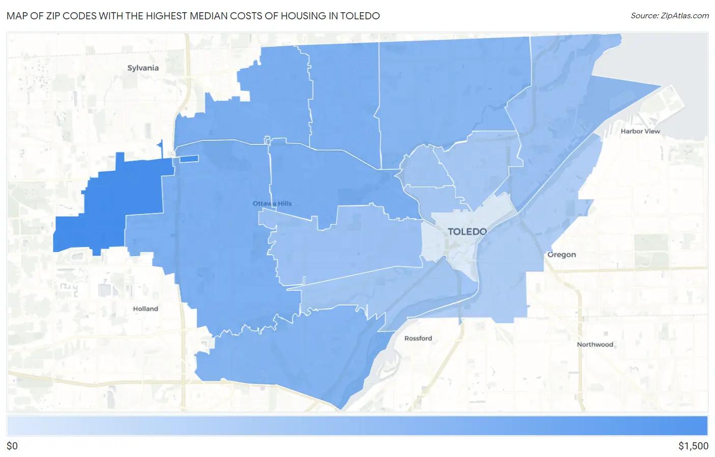 Zip Codes with the Highest Median Costs of Housing in Toledo Map