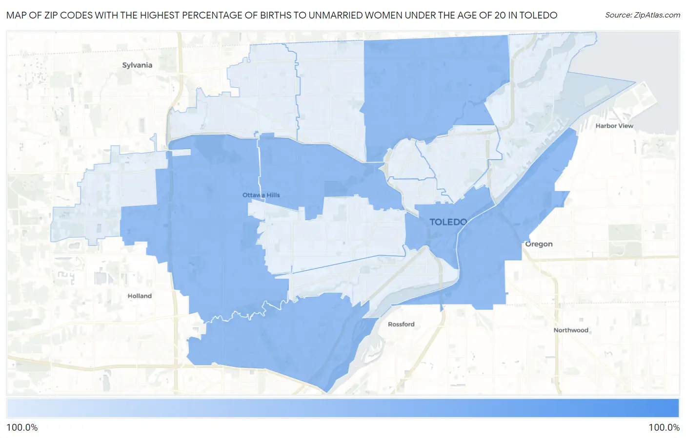 Zip Codes with the Highest Percentage of Births to Unmarried Women under the Age of 20 in Toledo Map