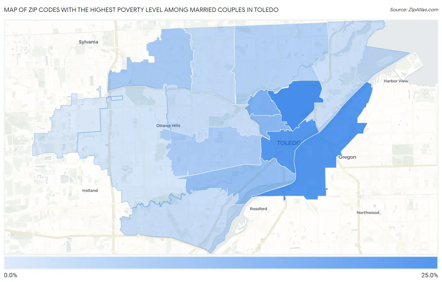 Zip Codes with the Highest Poverty Level Among Married Couples in Toledo Map