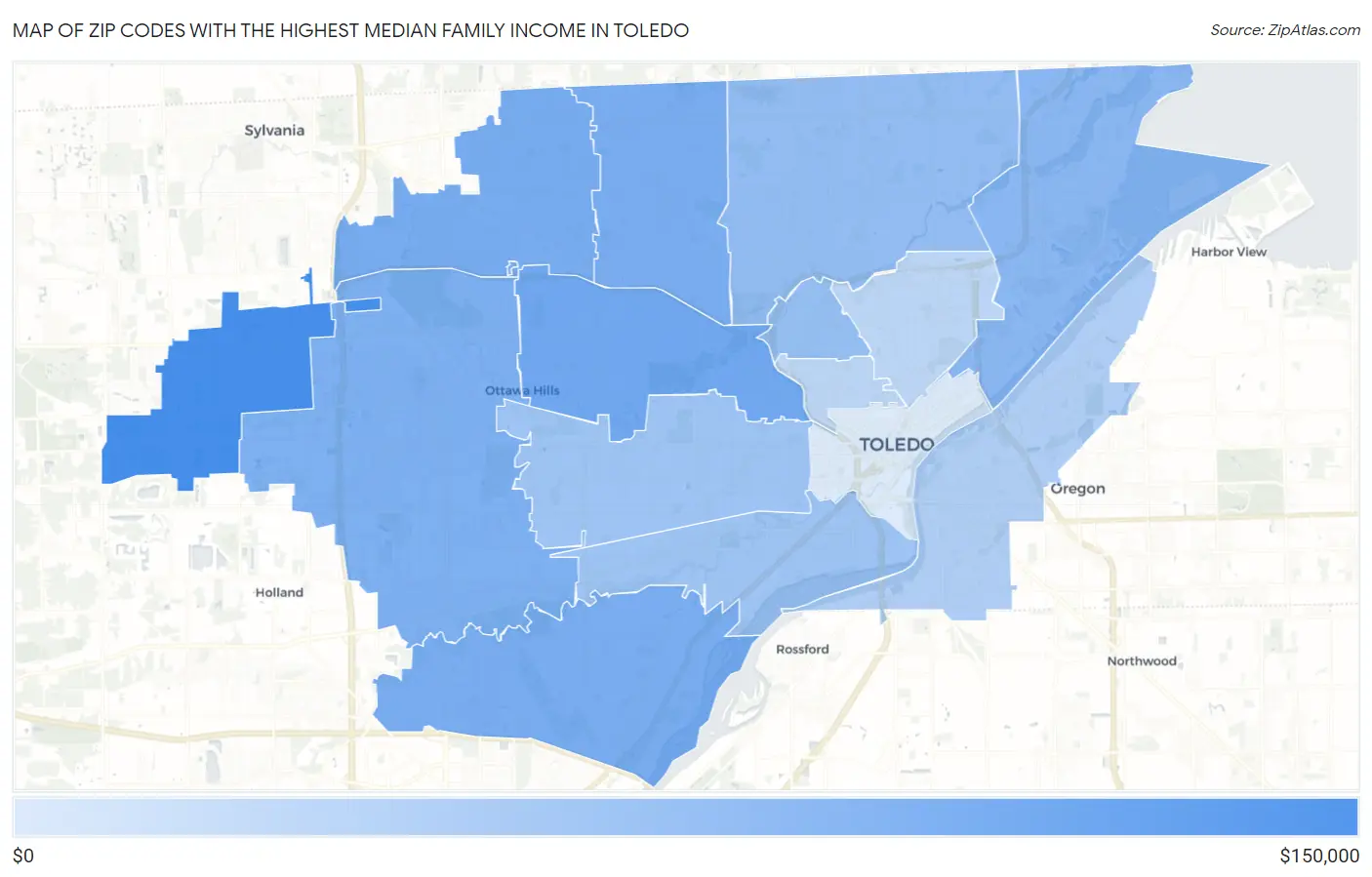 Zip Codes with the Highest Median Family Income in Toledo Map