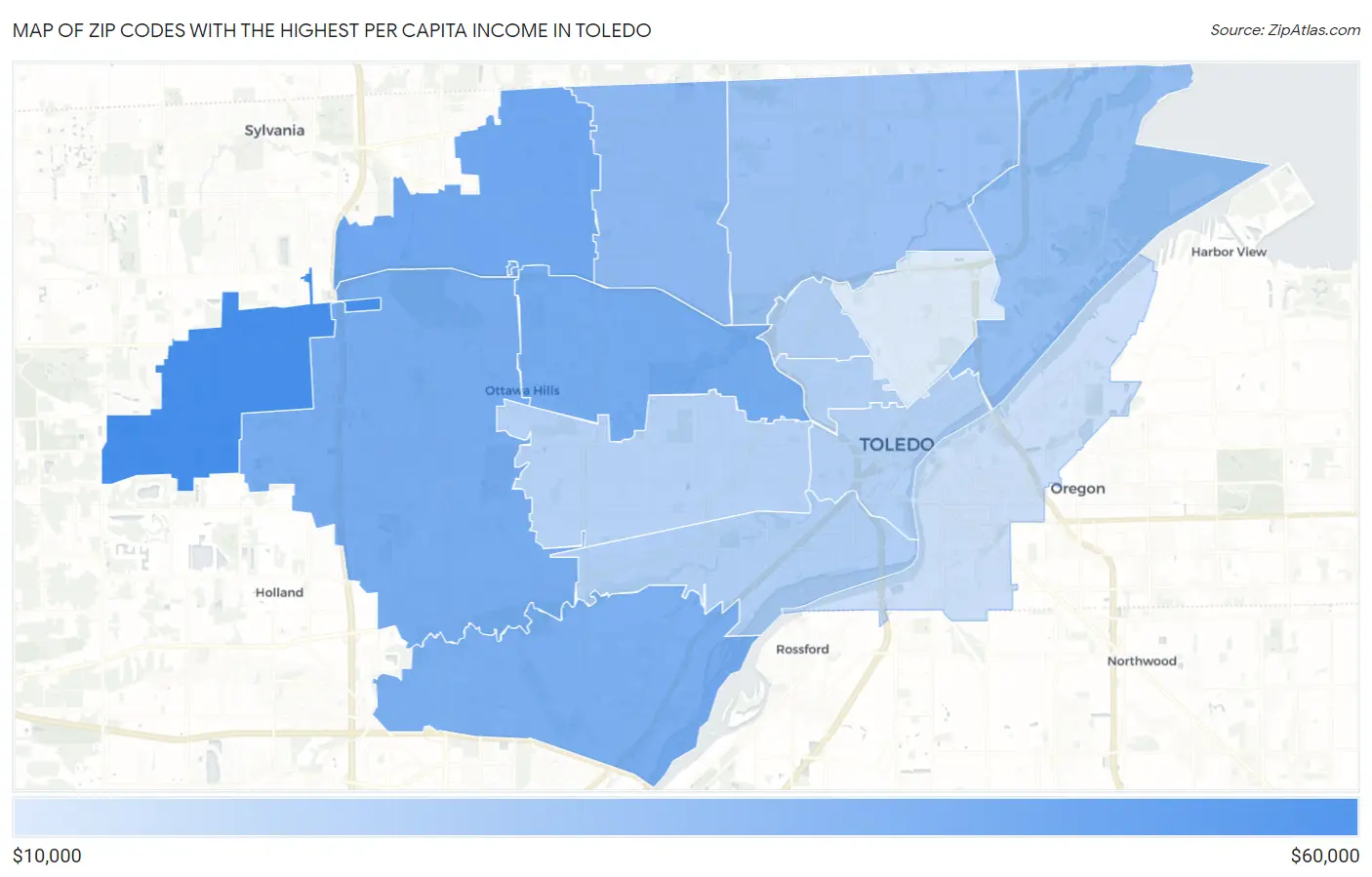 Zip Codes with the Highest Per Capita Income in Toledo Map