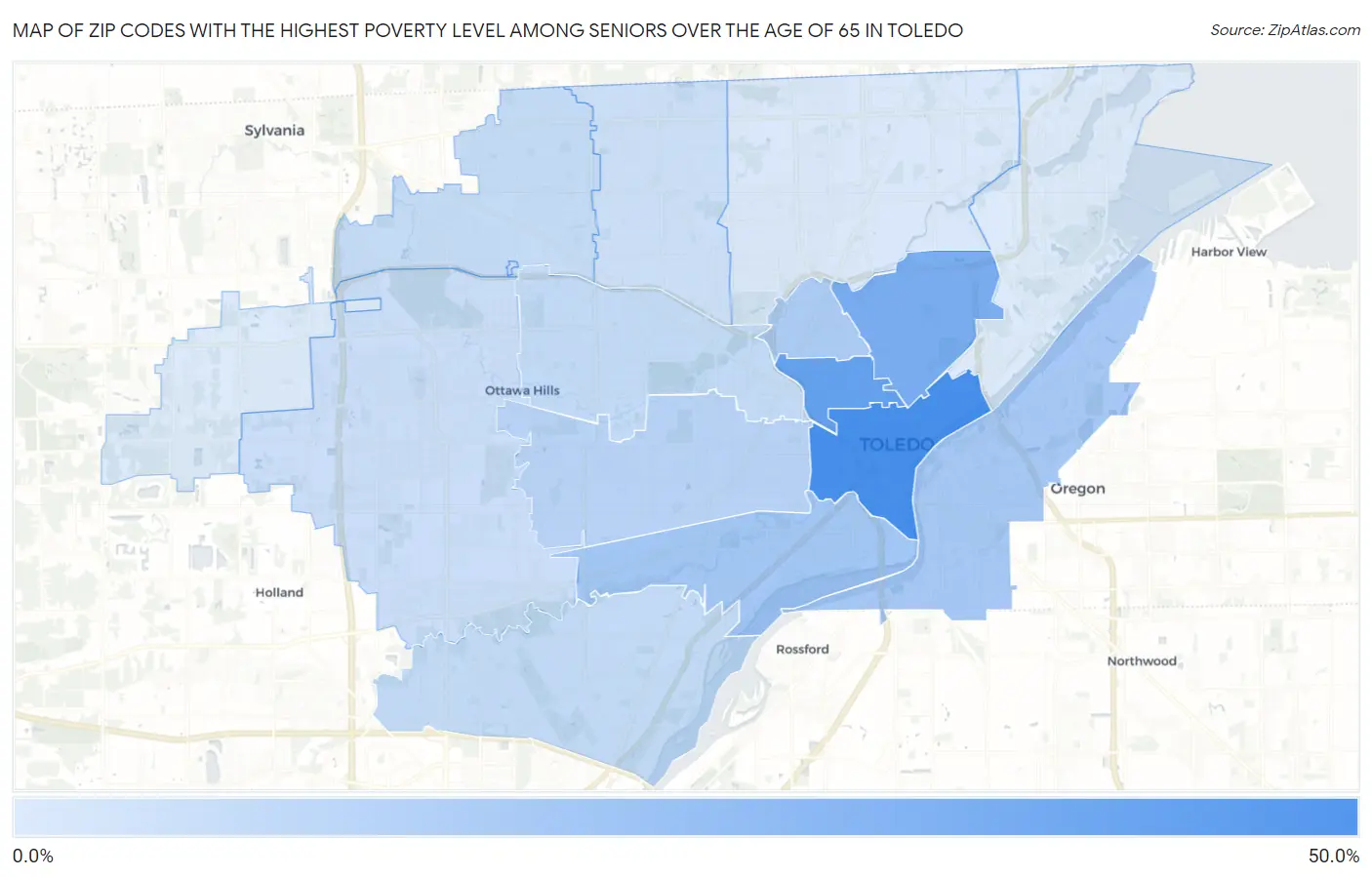 Zip Codes with the Highest Poverty Level Among Seniors Over the Age of 65 in Toledo Map