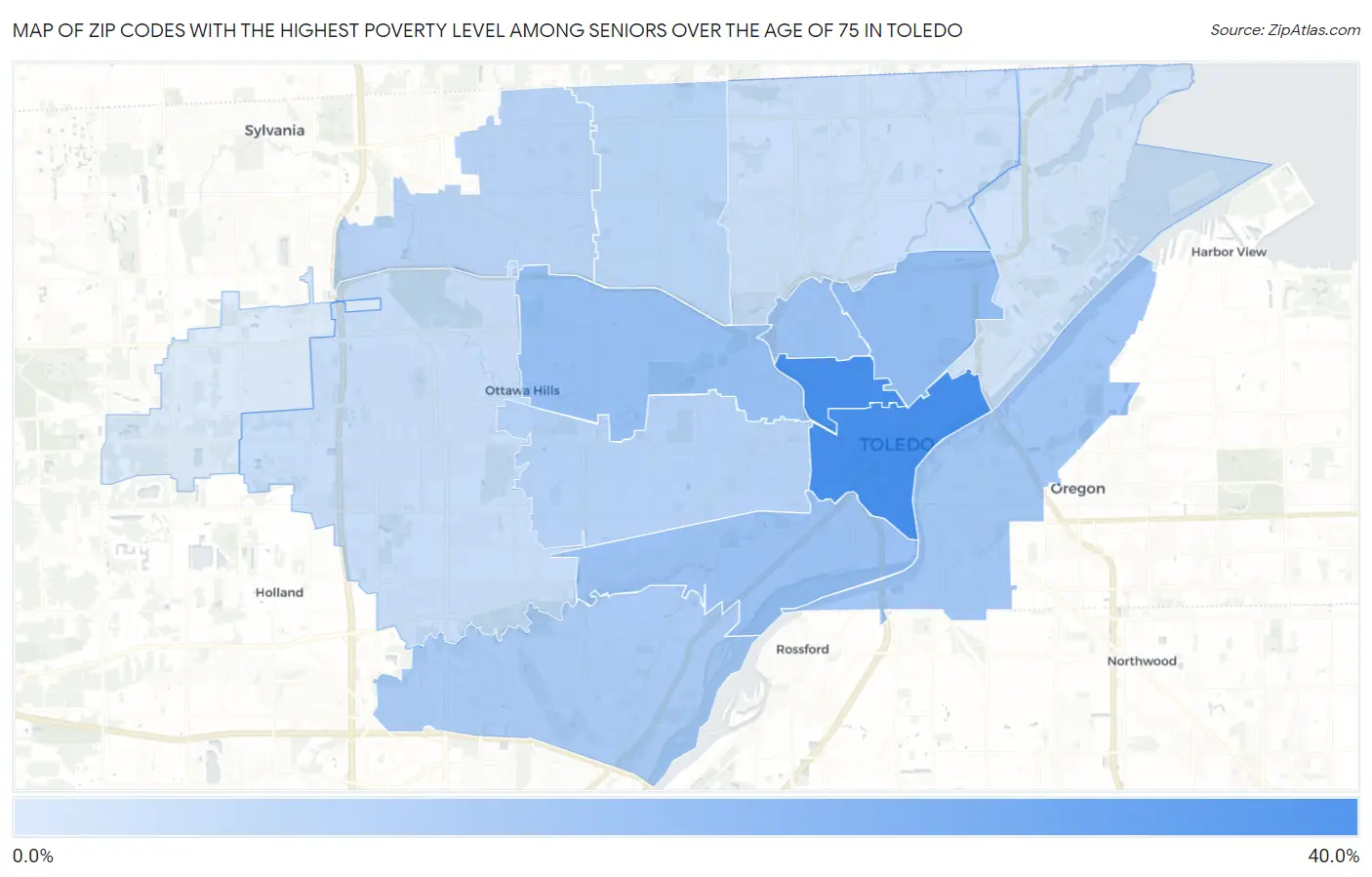 Zip Codes with the Highest Poverty Level Among Seniors Over the Age of 75 in Toledo Map