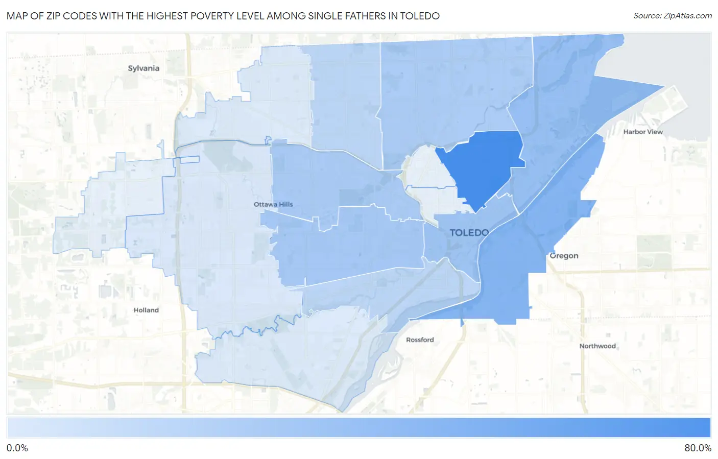 Zip Codes with the Highest Poverty Level Among Single Fathers in Toledo Map