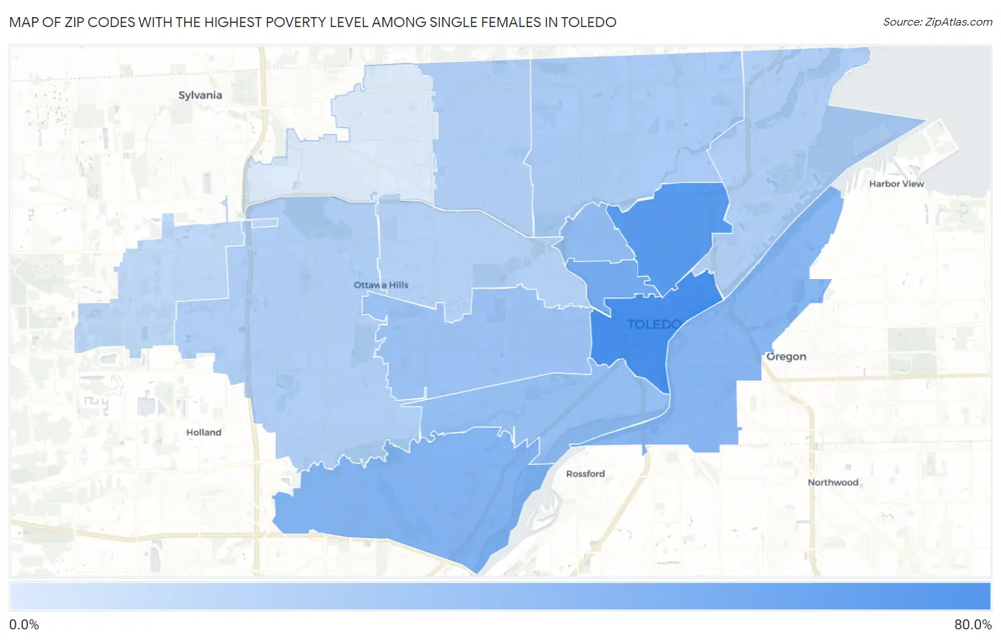 Zip Codes with the Highest Poverty Level Among Single Females in Toledo Map