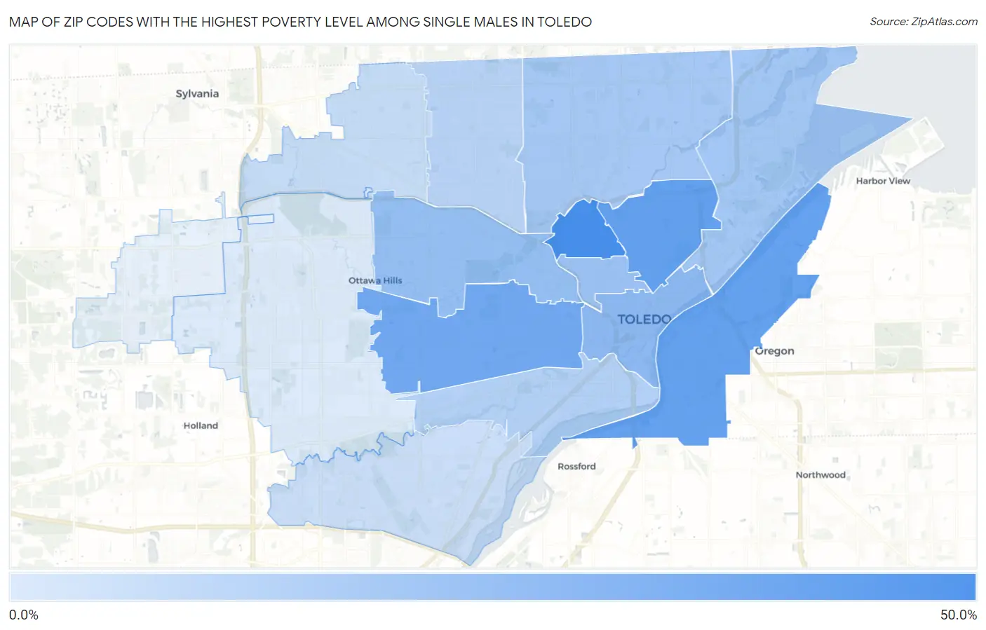 Zip Codes with the Highest Poverty Level Among Single Males in Toledo Map