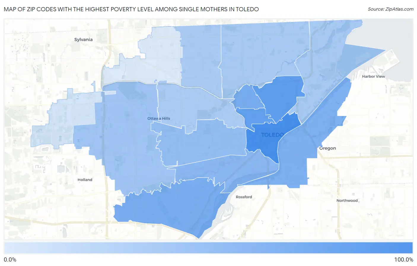 Zip Codes with the Highest Poverty Level Among Single Mothers in Toledo Map