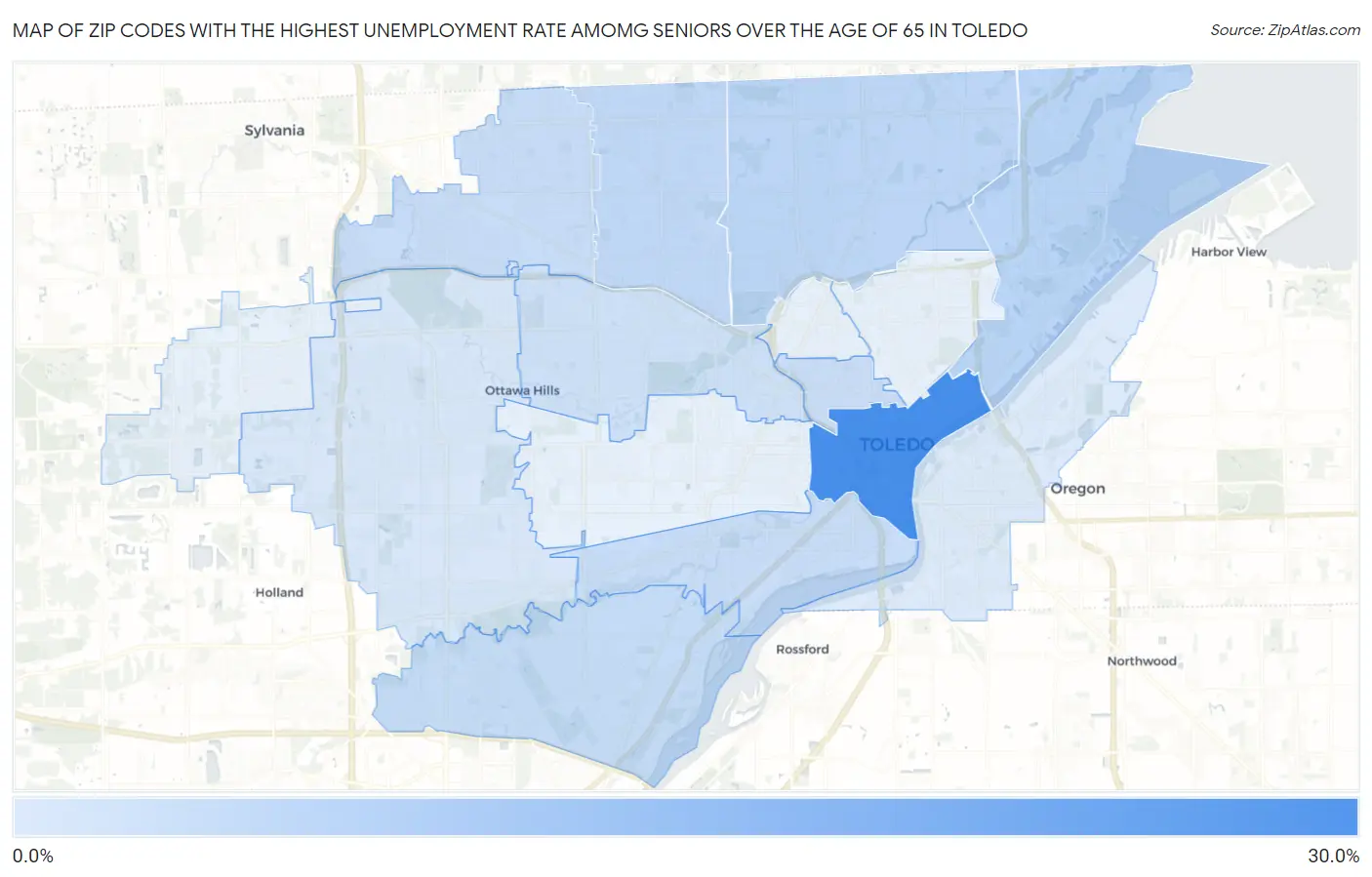 Zip Codes with the Highest Unemployment Rate Amomg Seniors Over the Age of 65 in Toledo Map