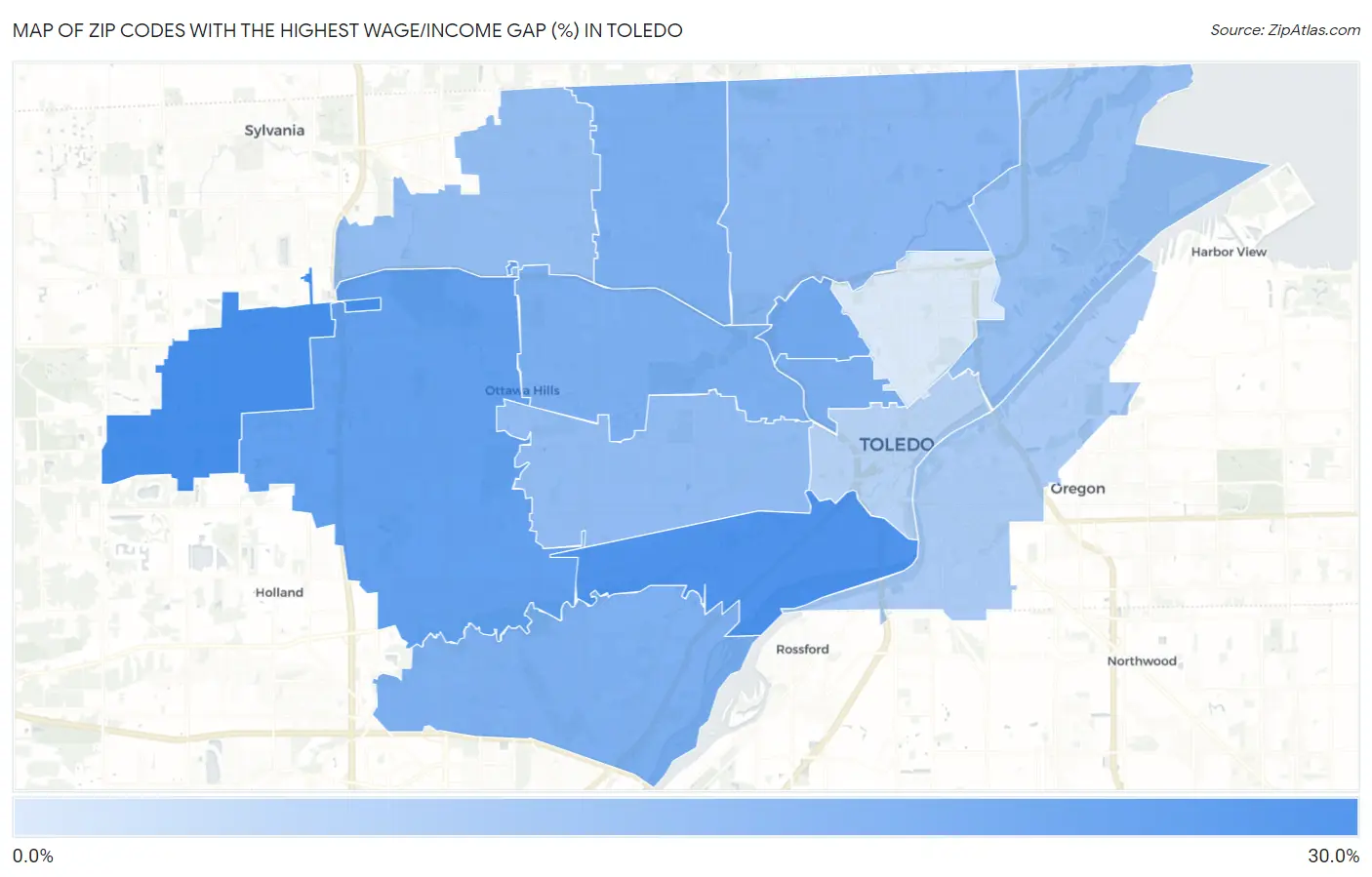 Zip Codes with the Highest Wage/Income Gap (%) in Toledo Map