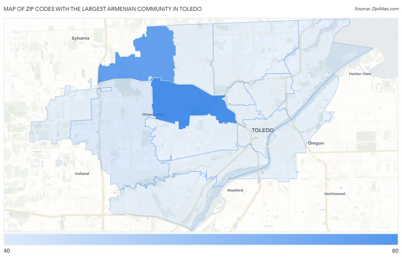 Zip Codes with the Largest Armenian Community in Toledo Map