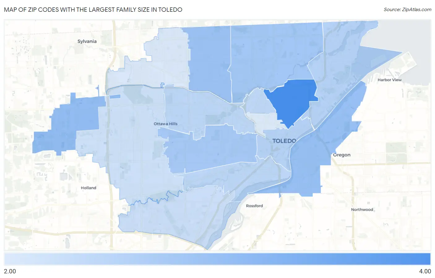 Zip Codes with the Largest Family Size in Toledo Map