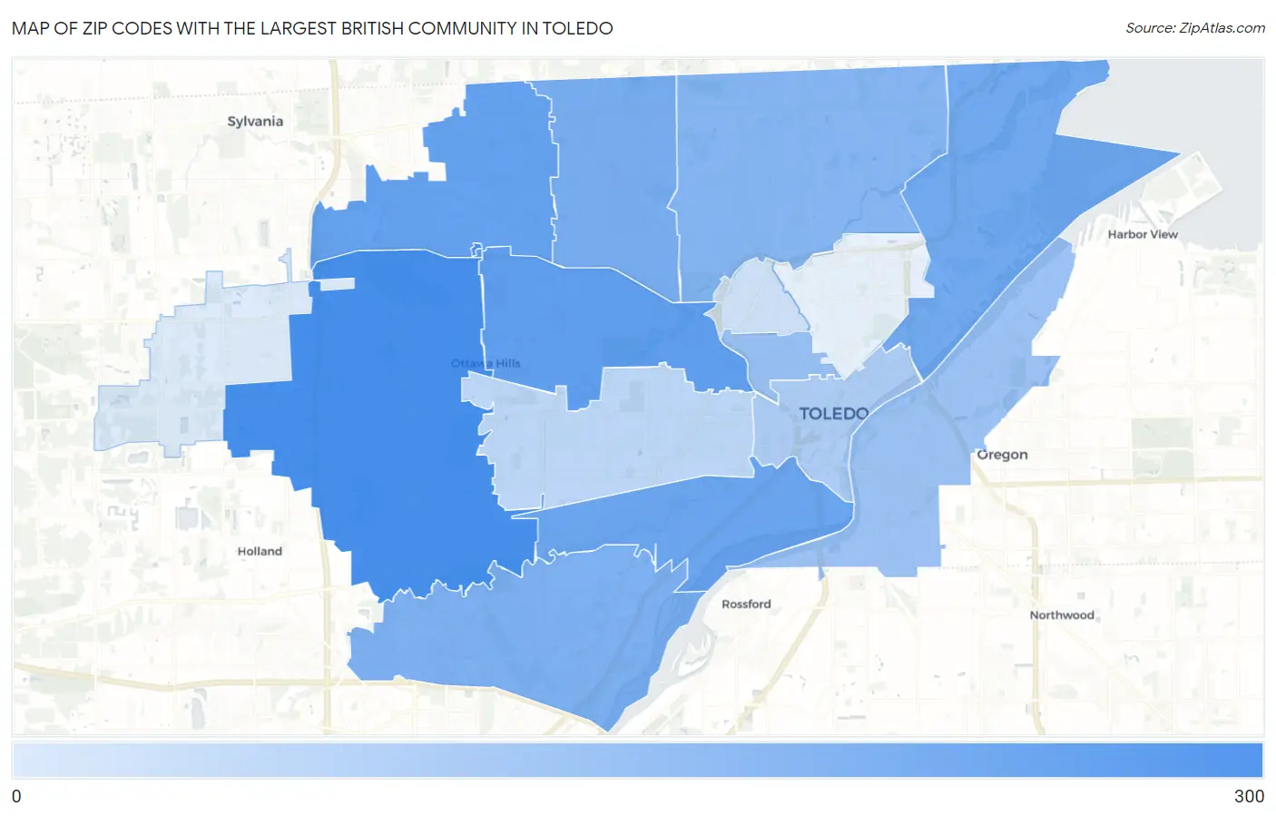 Zip Codes with the Largest British Community in Toledo Map