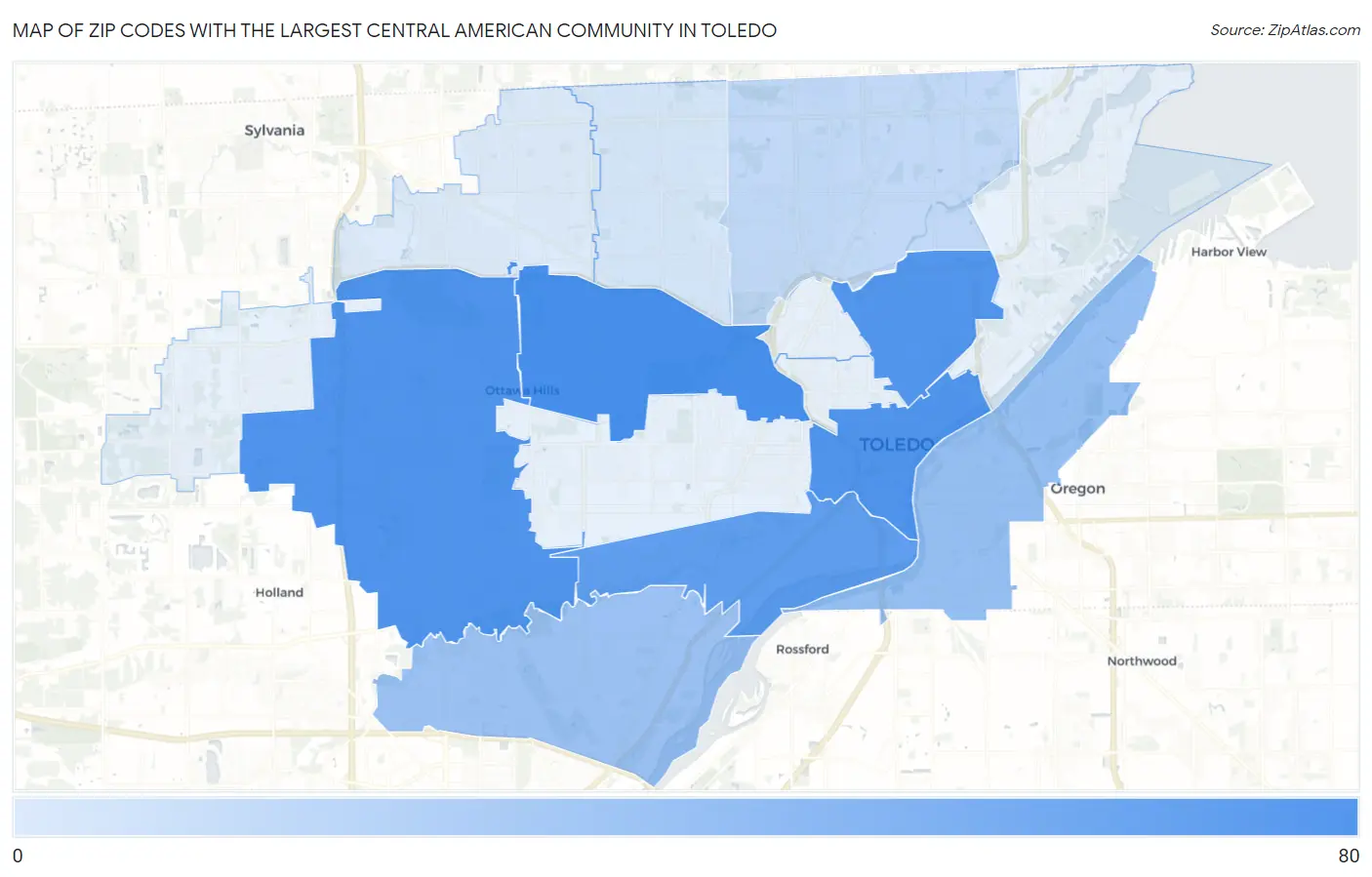 Zip Codes with the Largest Central American Community in Toledo Map
