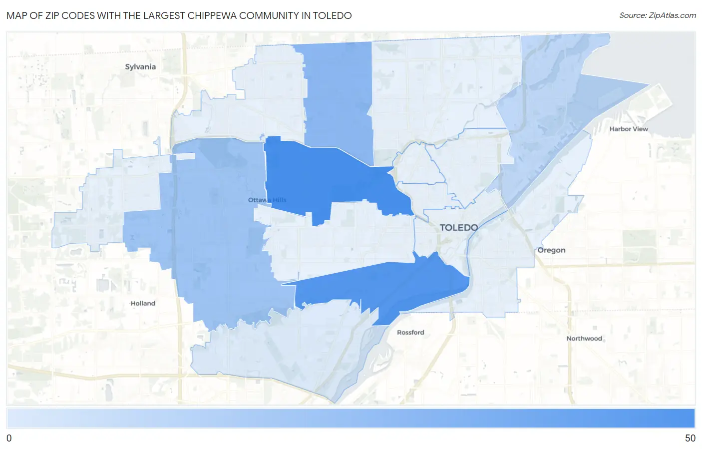 Zip Codes with the Largest Chippewa Community in Toledo Map