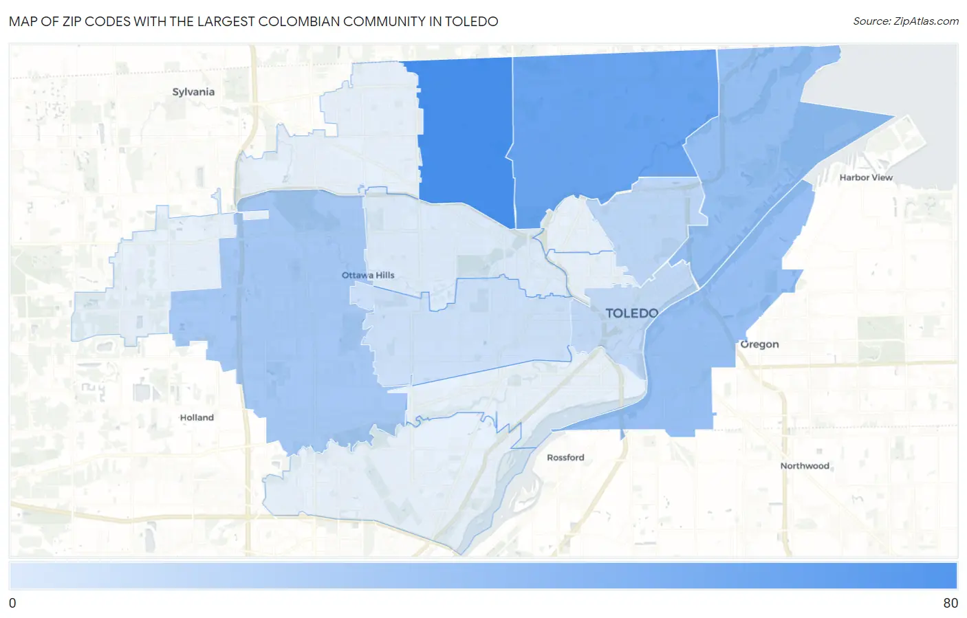 Zip Codes with the Largest Colombian Community in Toledo Map