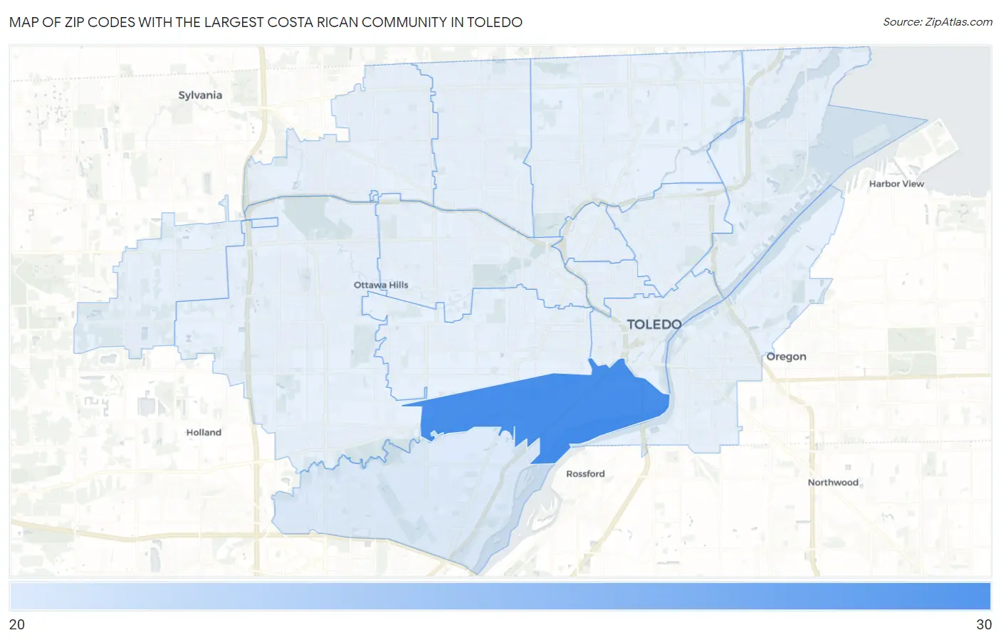 Zip Codes with the Largest Costa Rican Community in Toledo Map