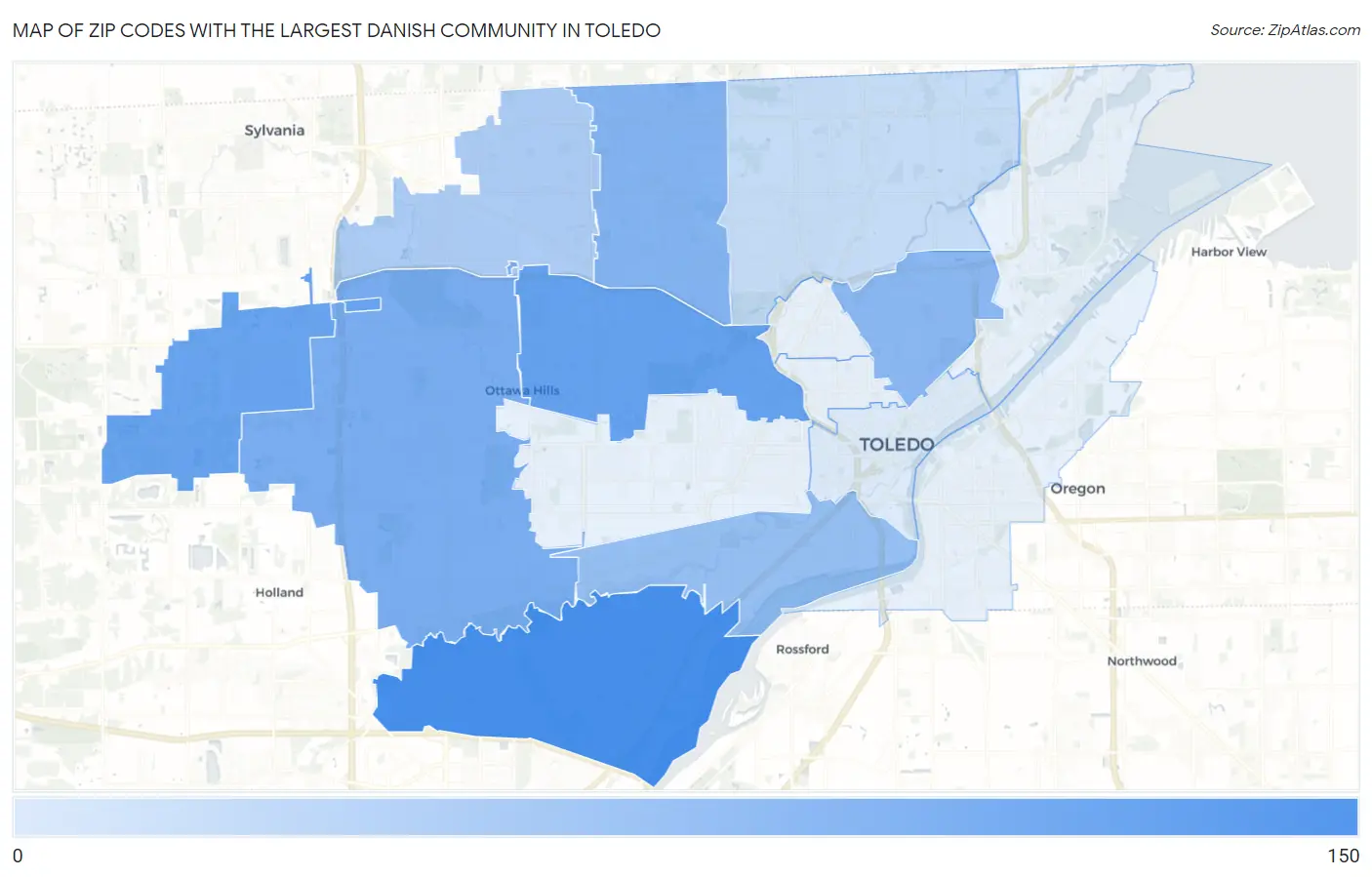 Zip Codes with the Largest Danish Community in Toledo Map