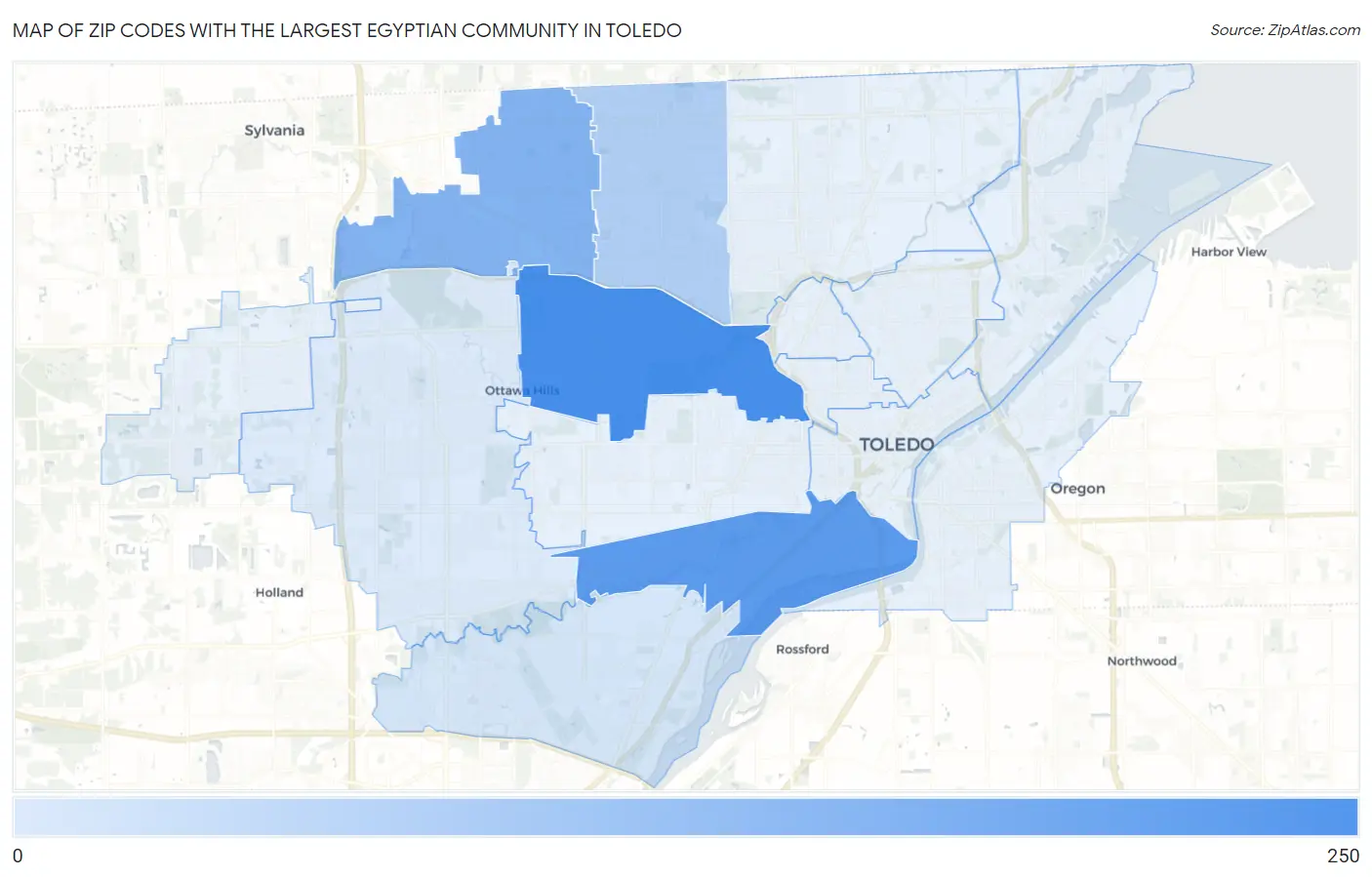 Zip Codes with the Largest Egyptian Community in Toledo Map
