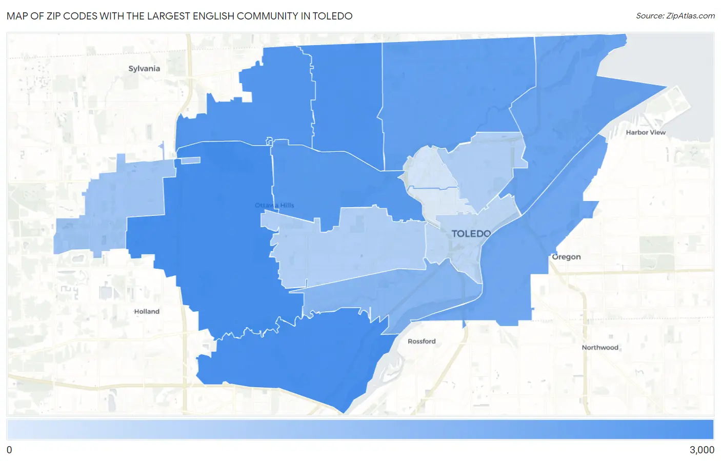 Zip Codes with the Largest English Community in Toledo Map