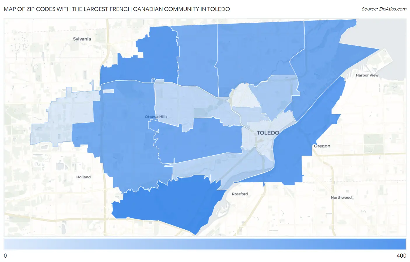 Zip Codes with the Largest French Canadian Community in Toledo Map
