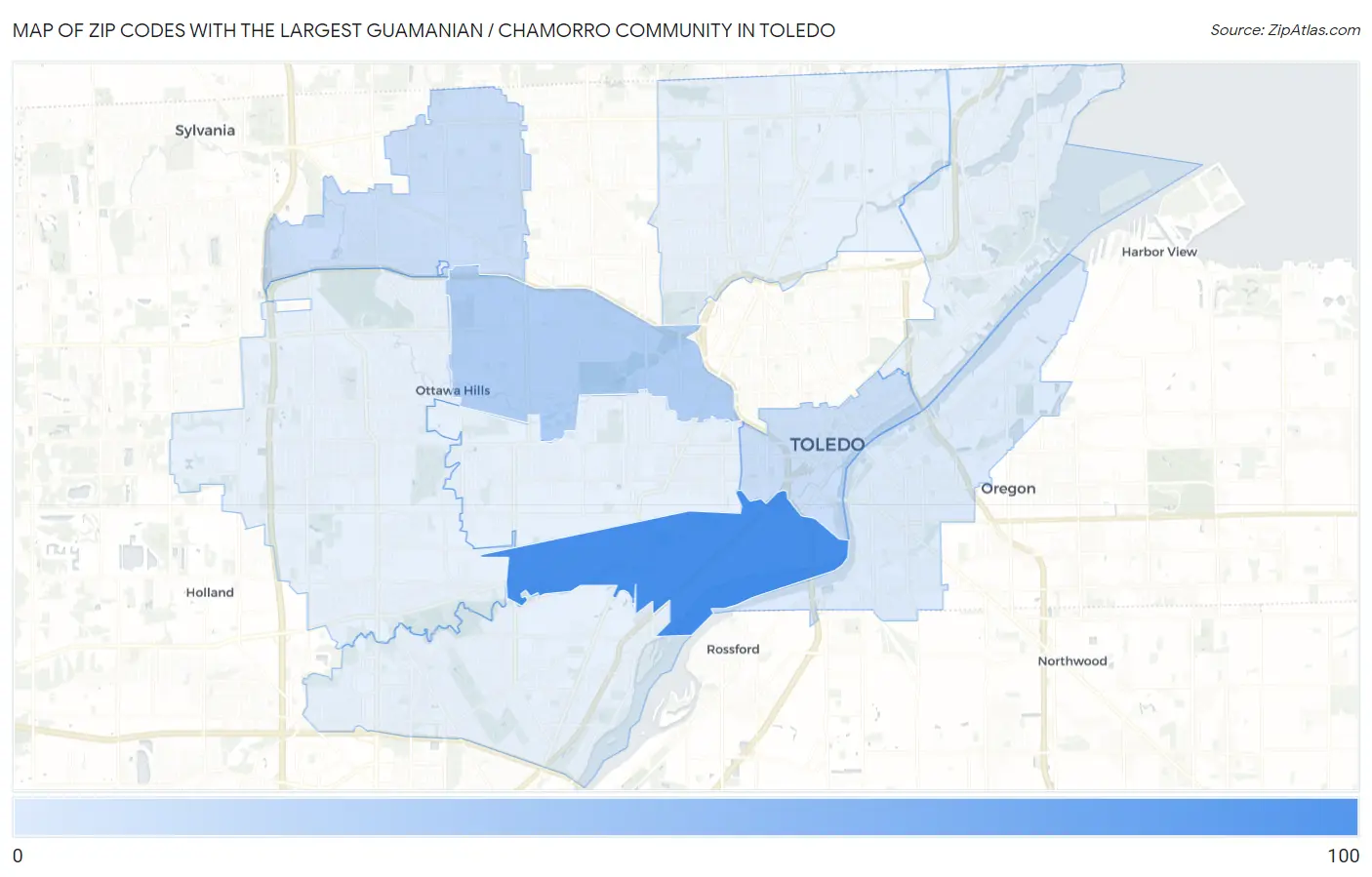 Zip Codes with the Largest Guamanian / Chamorro Community in Toledo Map