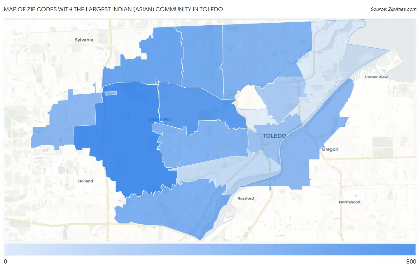 Zip Codes with the Largest Indian (Asian) Community in Toledo Map