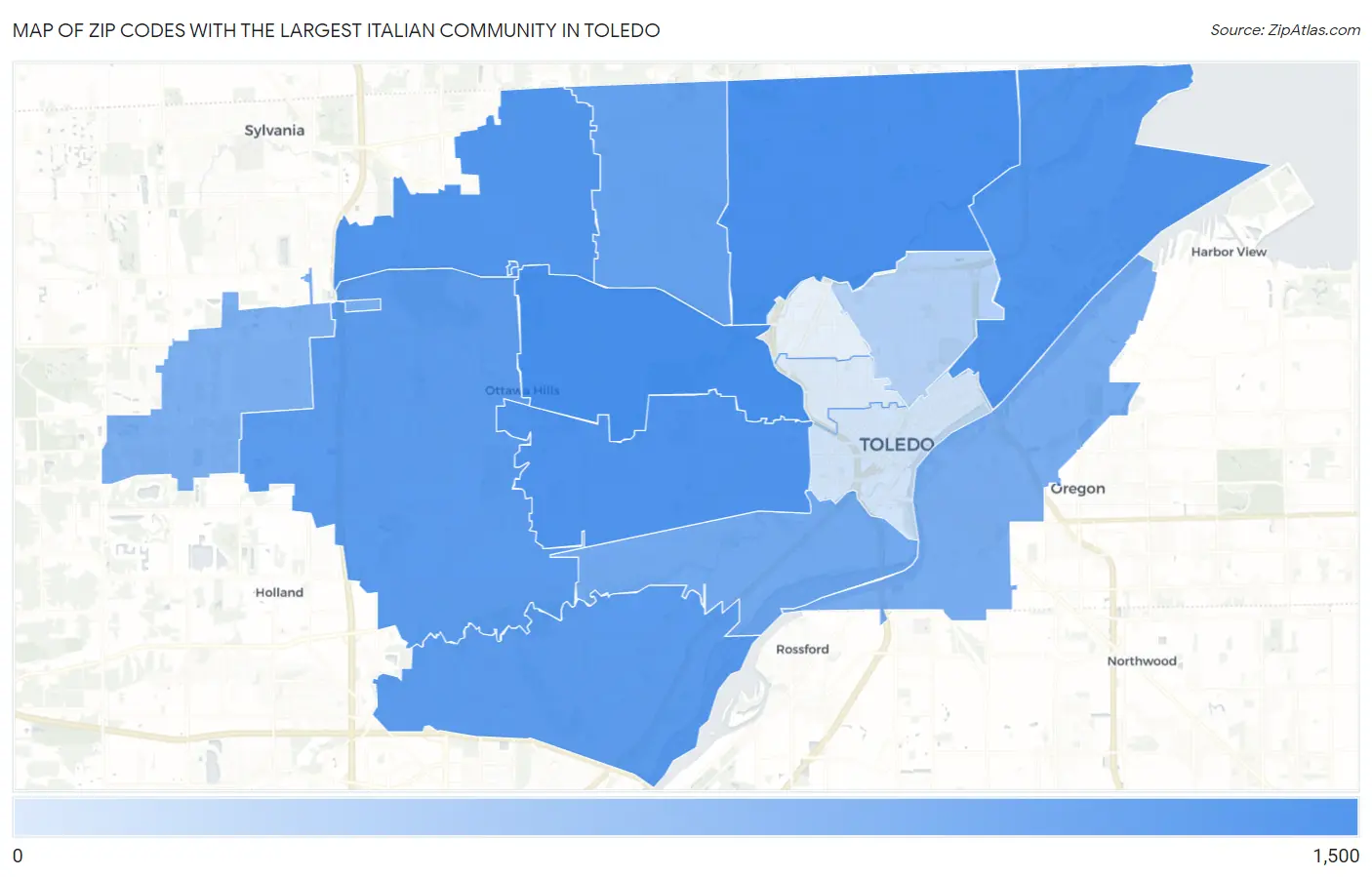 Zip Codes with the Largest Italian Community in Toledo Map
