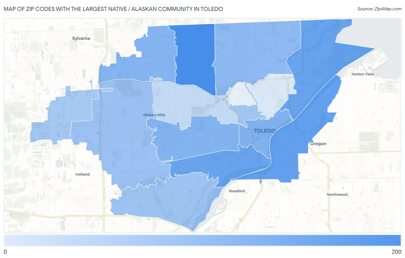Zip Codes with the Largest Native / Alaskan Community in Toledo Map