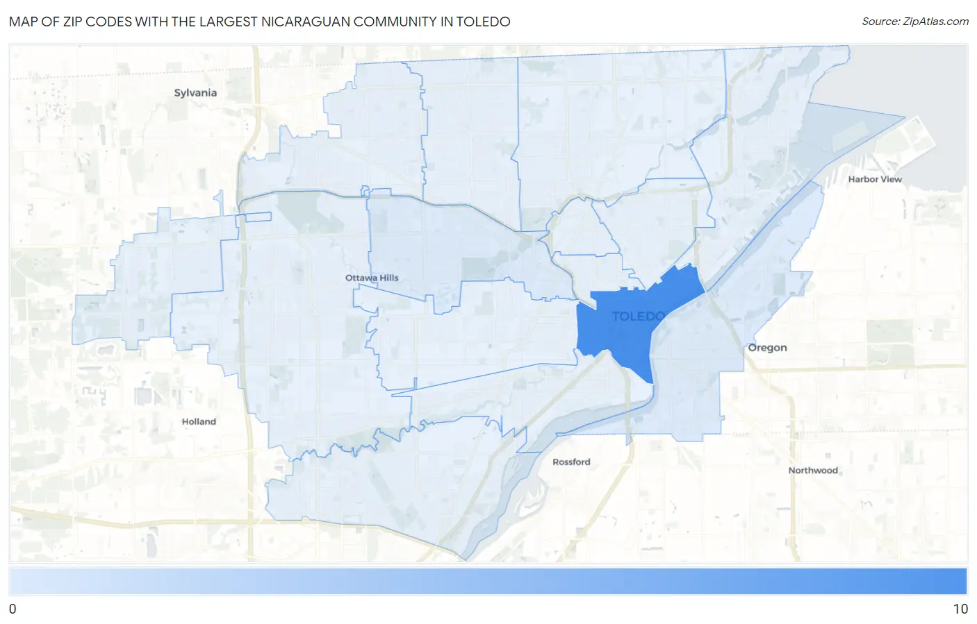 Zip Codes with the Largest Nicaraguan Community in Toledo Map