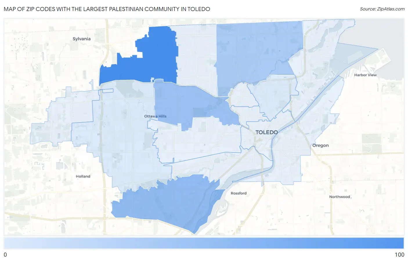 Zip Codes with the Largest Palestinian Community in Toledo Map