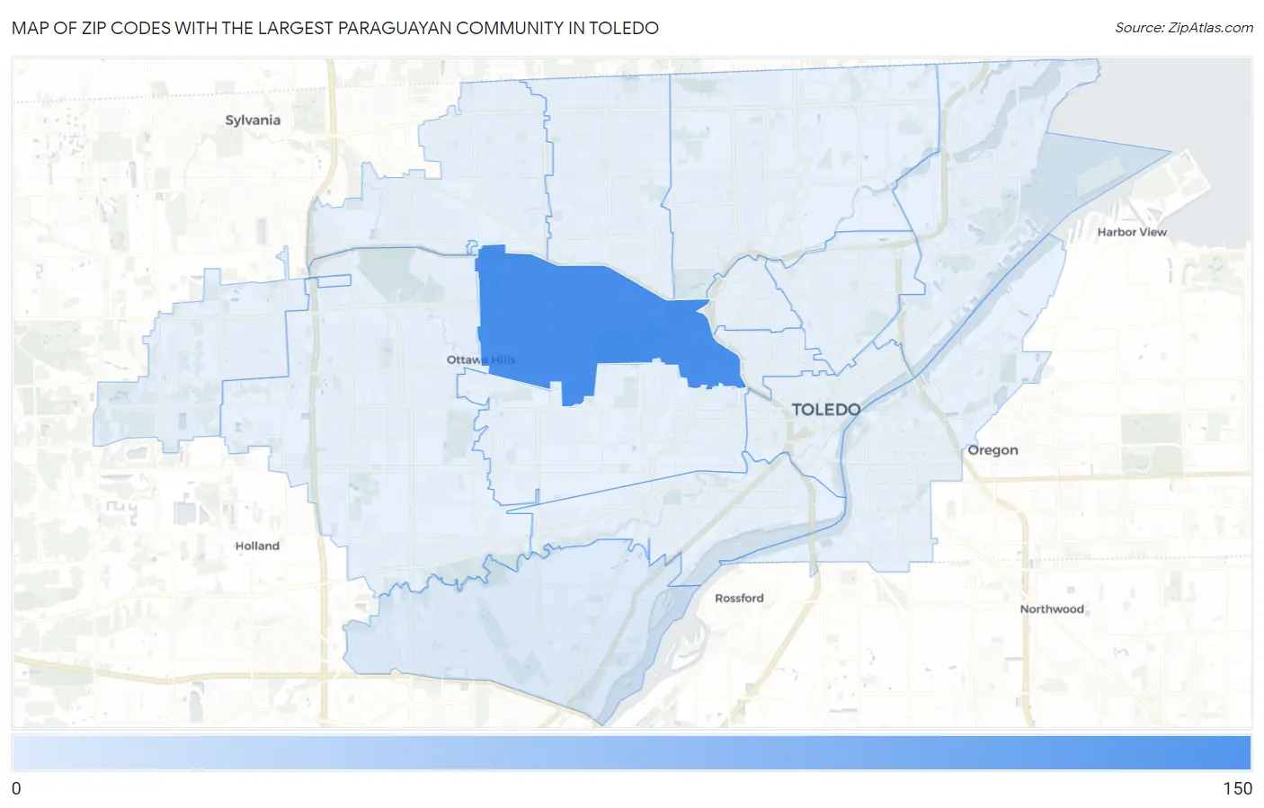 Zip Codes with the Largest Paraguayan Community in Toledo Map