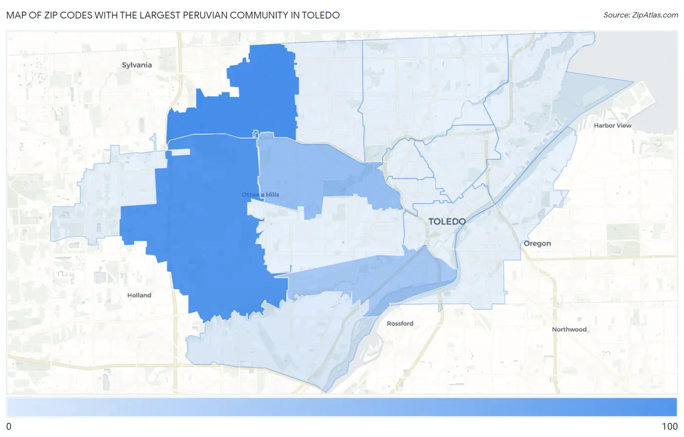 Zip Codes with the Largest Peruvian Community in Toledo Map