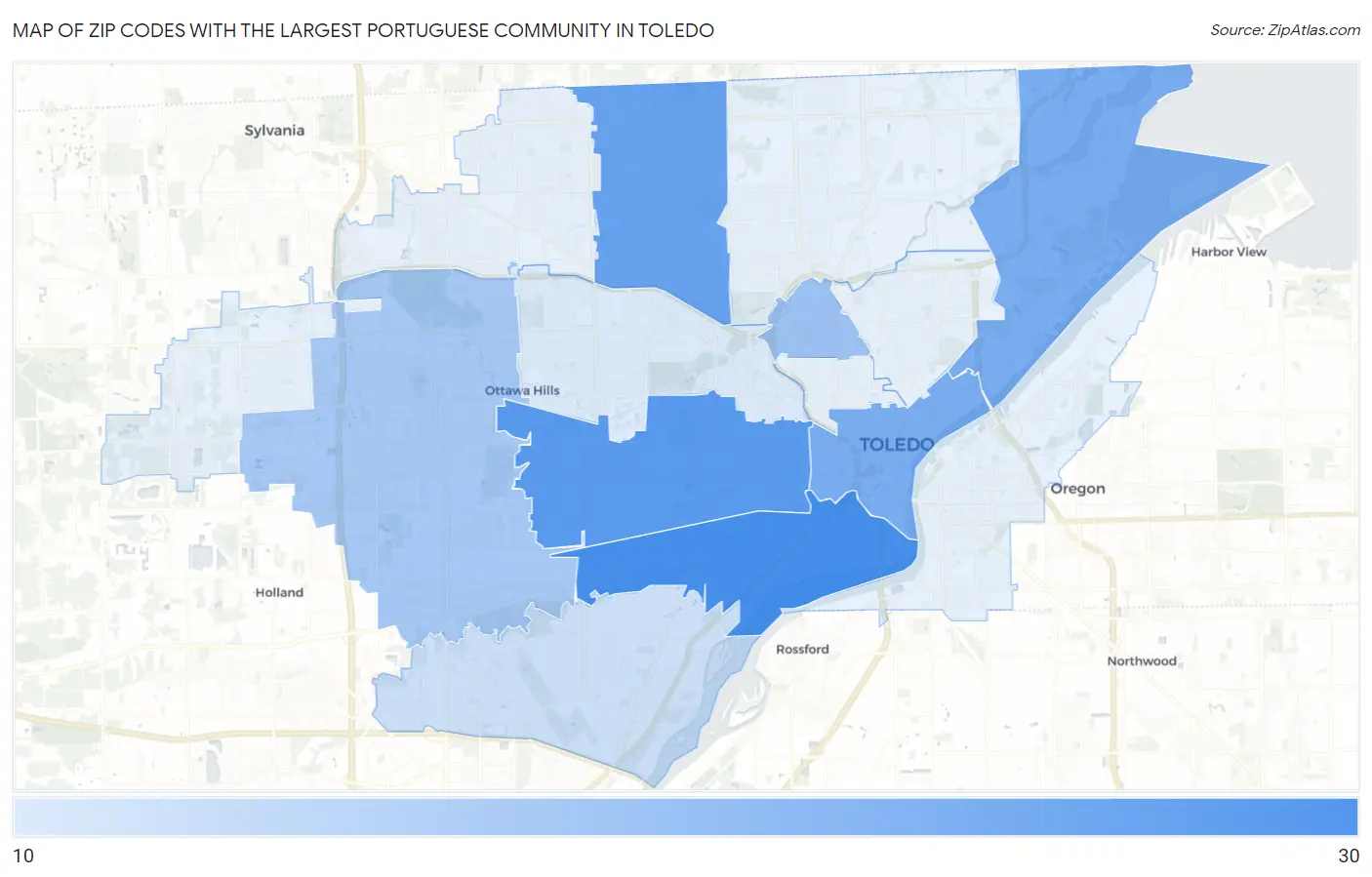 Zip Codes with the Largest Portuguese Community in Toledo Map