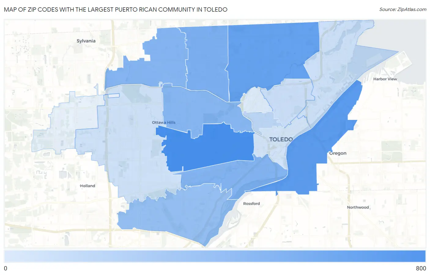 Zip Codes with the Largest Puerto Rican Community in Toledo Map