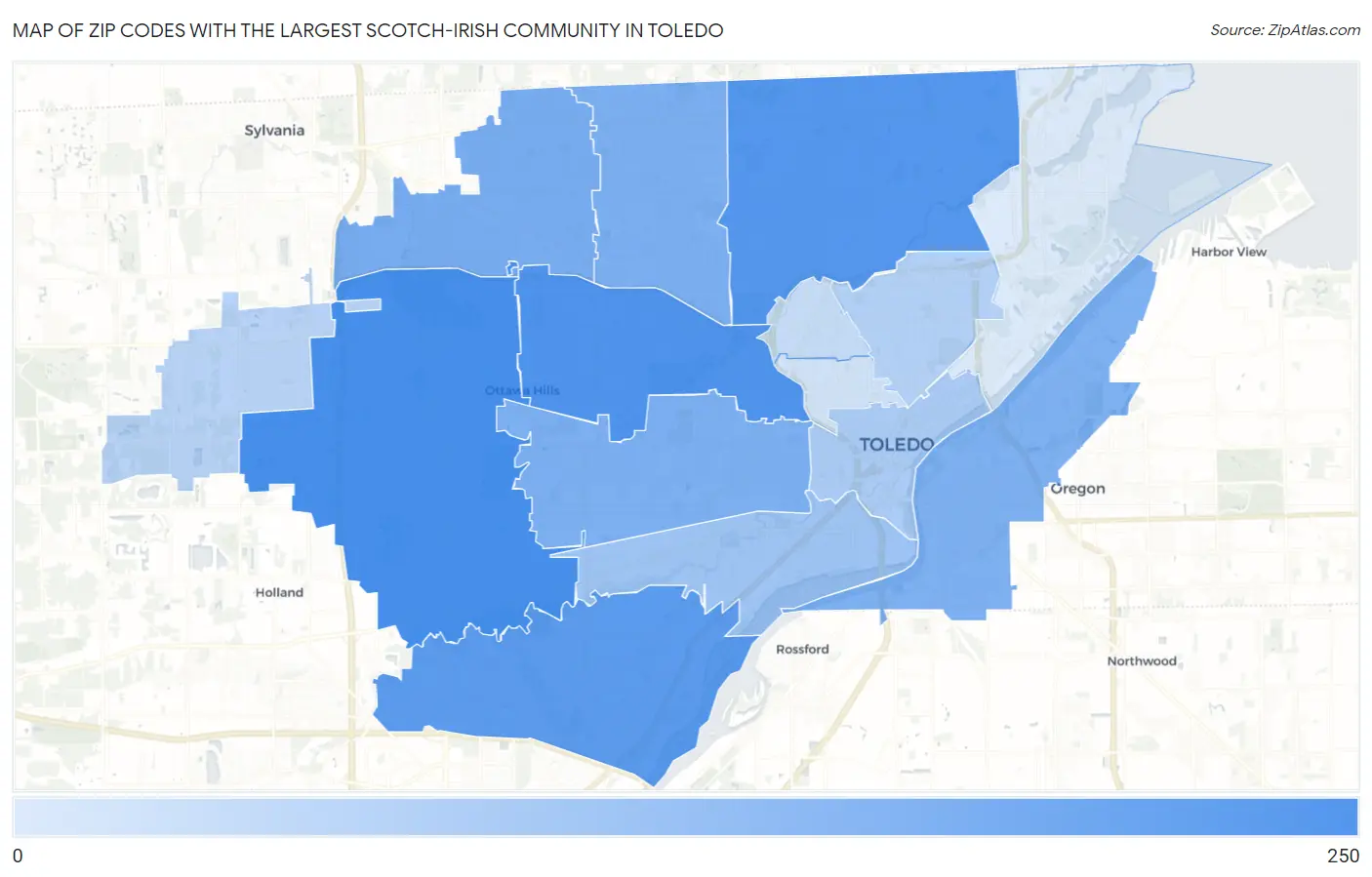 Zip Codes with the Largest Scotch-Irish Community in Toledo Map