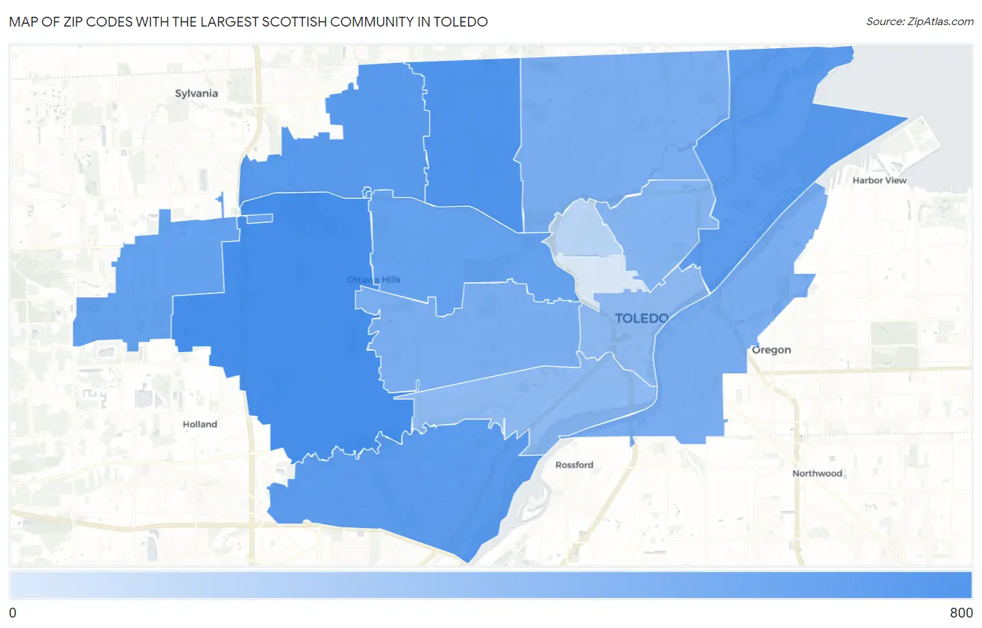 Zip Codes with the Largest Scottish Community in Toledo Map