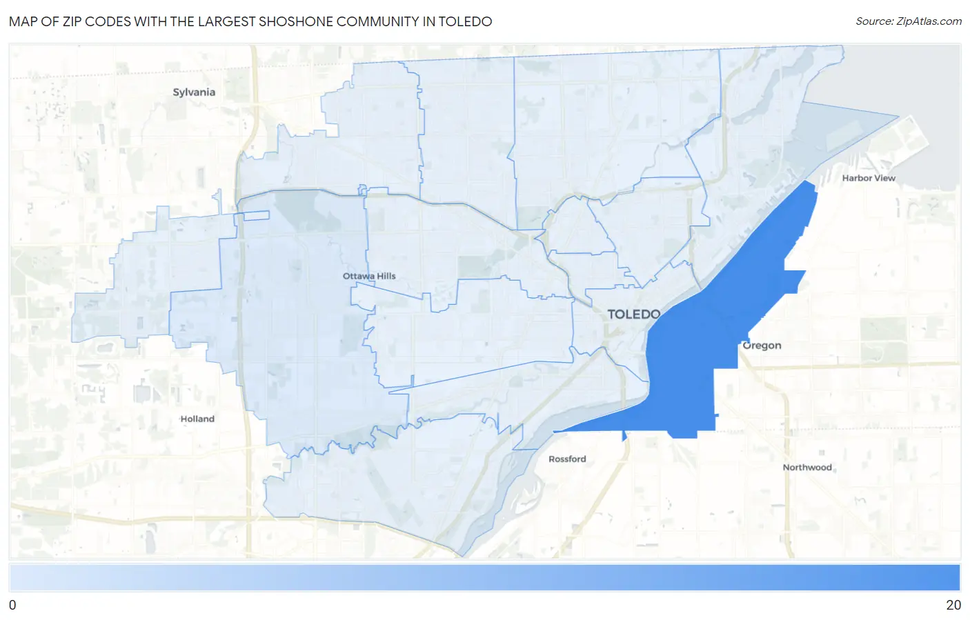 Zip Codes with the Largest Shoshone Community in Toledo Map