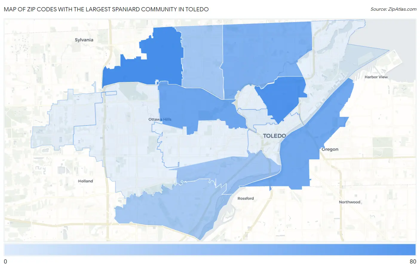 Zip Codes with the Largest Spaniard Community in Toledo Map