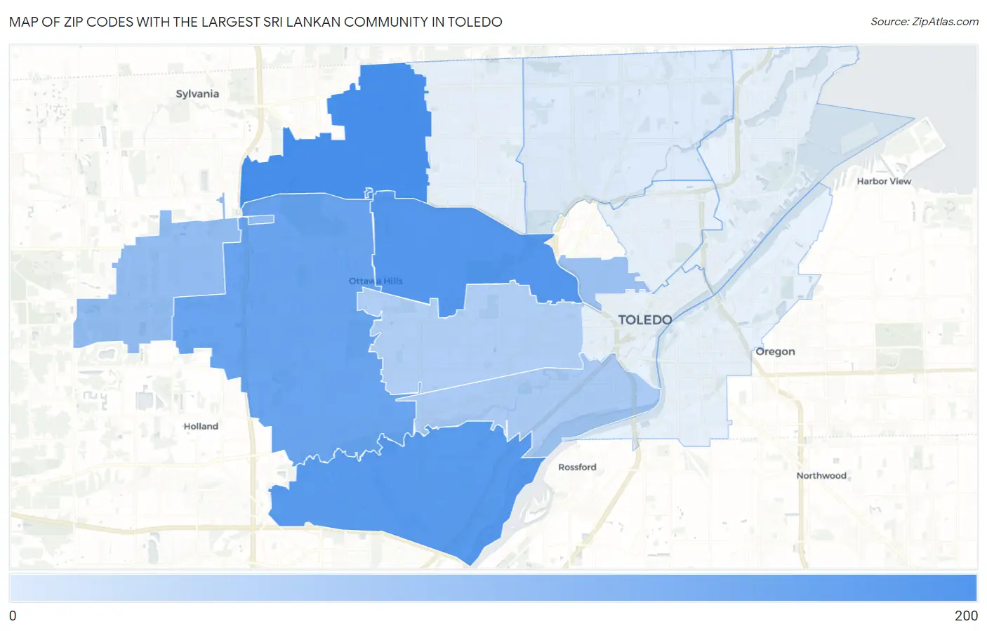 Zip Codes with the Largest Sri Lankan Community in Toledo Map