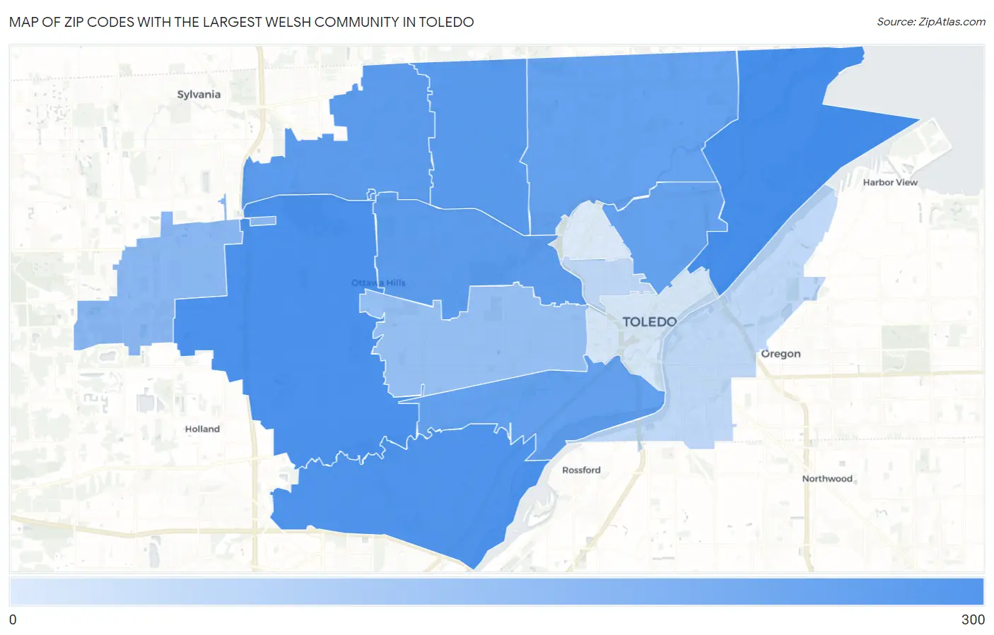 Zip Codes with the Largest Welsh Community in Toledo Map