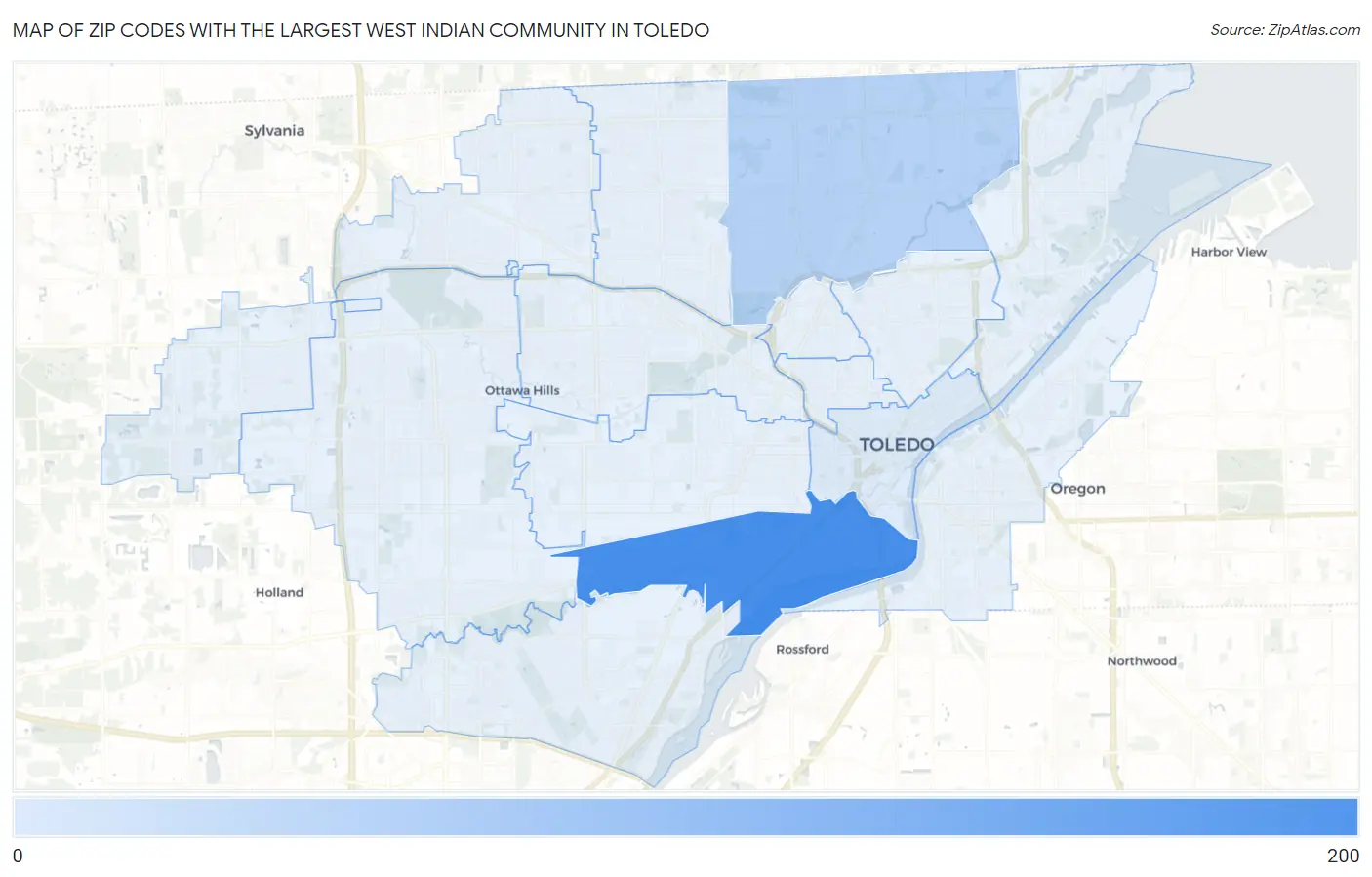 Zip Codes with the Largest West Indian Community in Toledo Map
