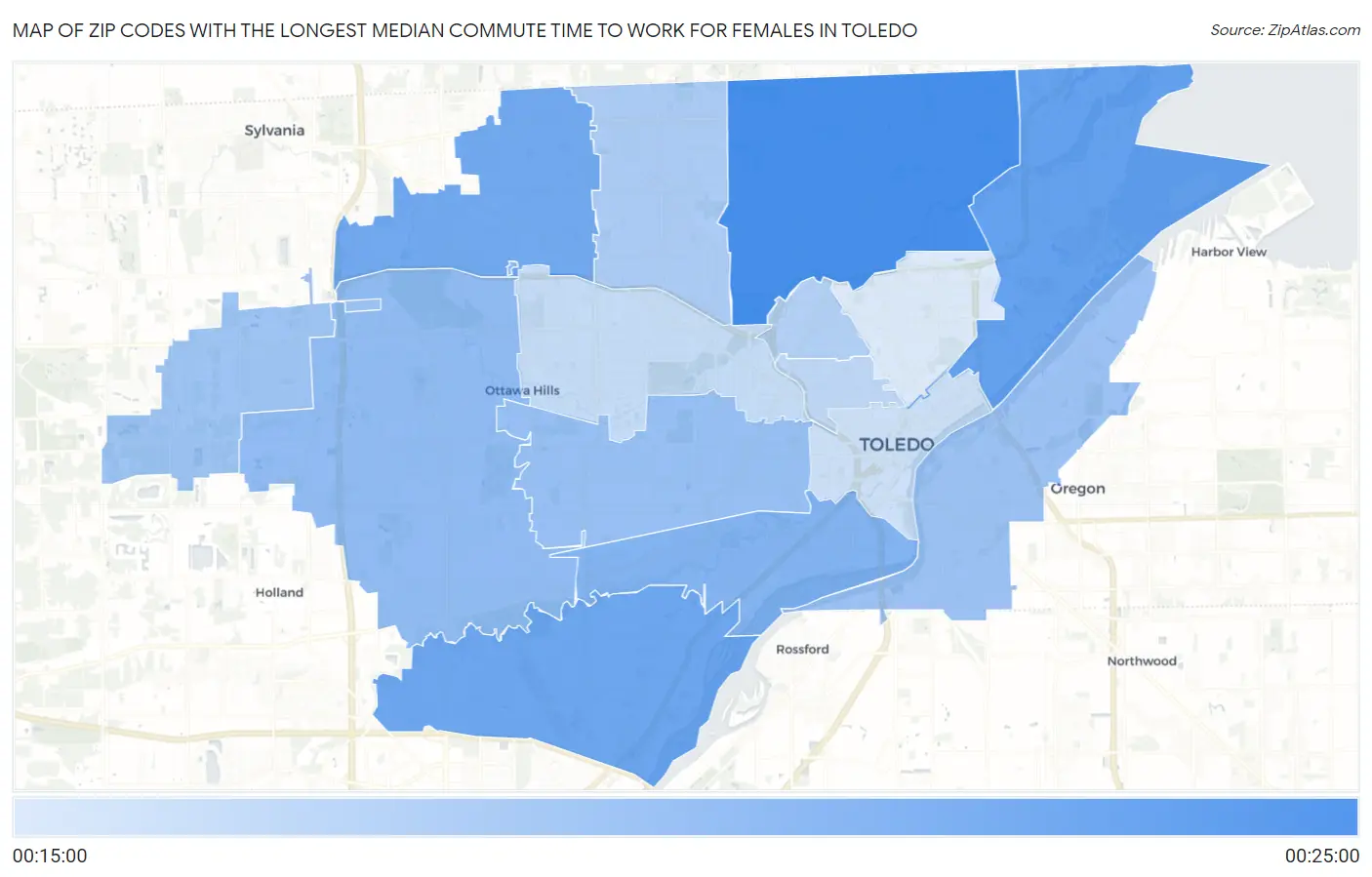 Zip Codes with the Longest Median Commute Time to Work for Females in Toledo Map