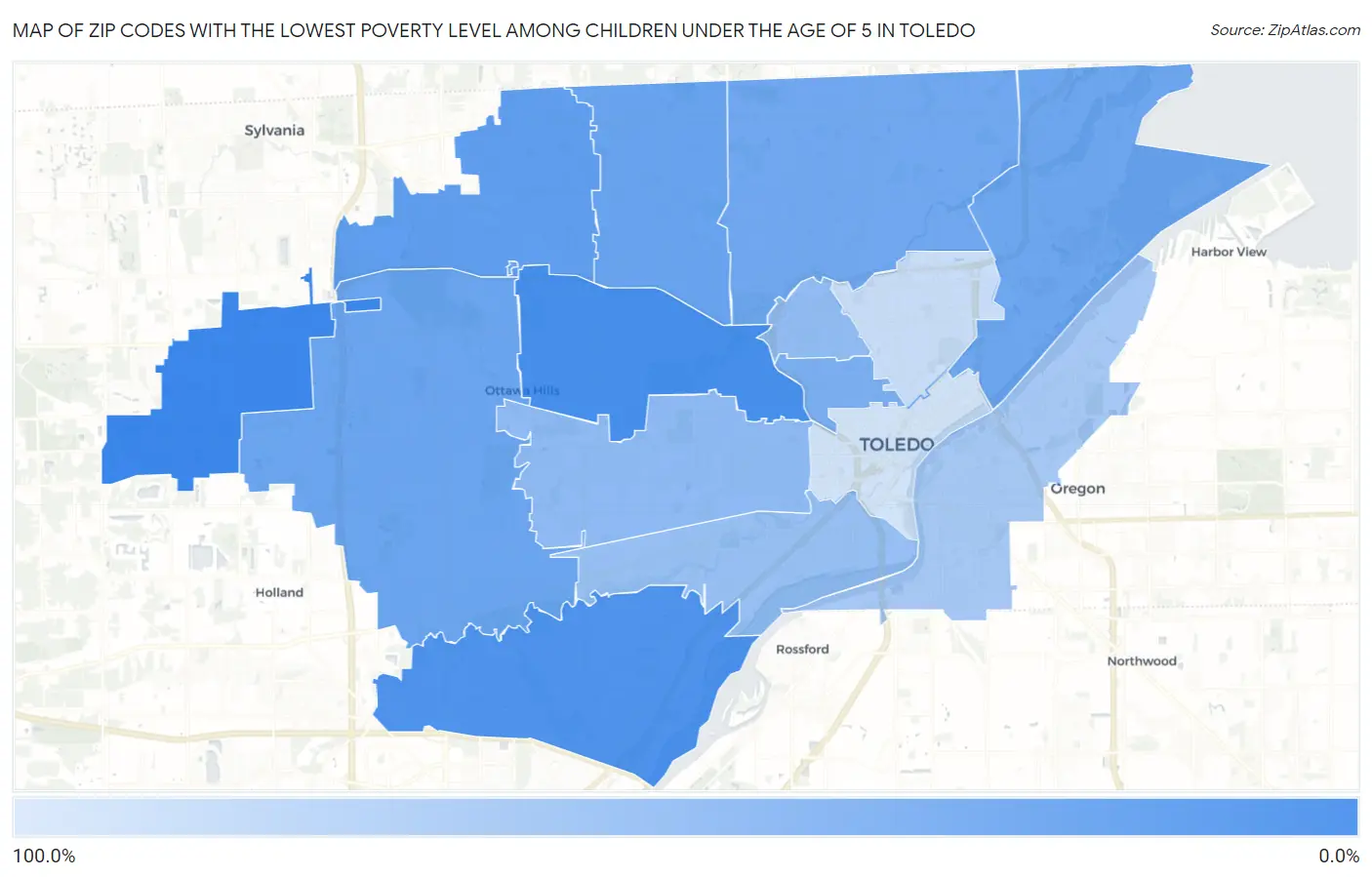 Zip Codes with the Lowest Poverty Level Among Children Under the Age of 5 in Toledo Map