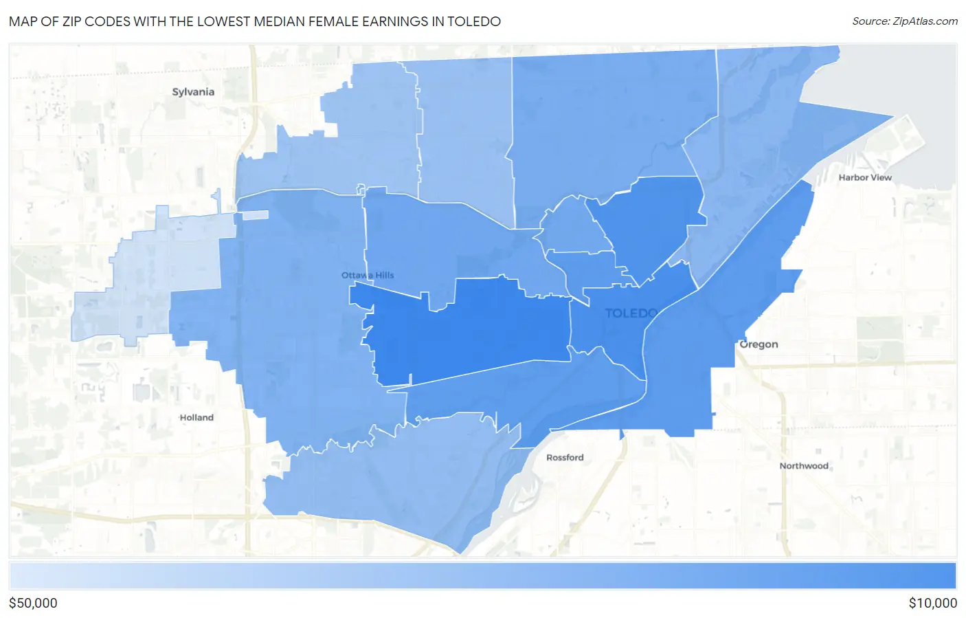 Zip Codes with the Lowest Median Female Earnings in Toledo Map