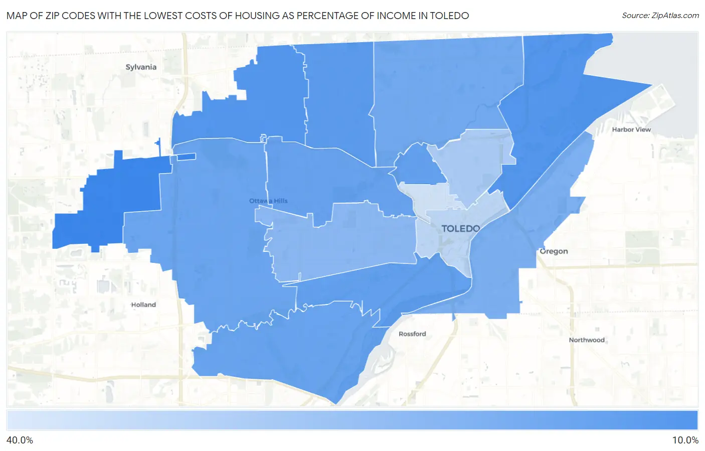 Zip Codes with the Lowest Costs of Housing as Percentage of Income in Toledo Map