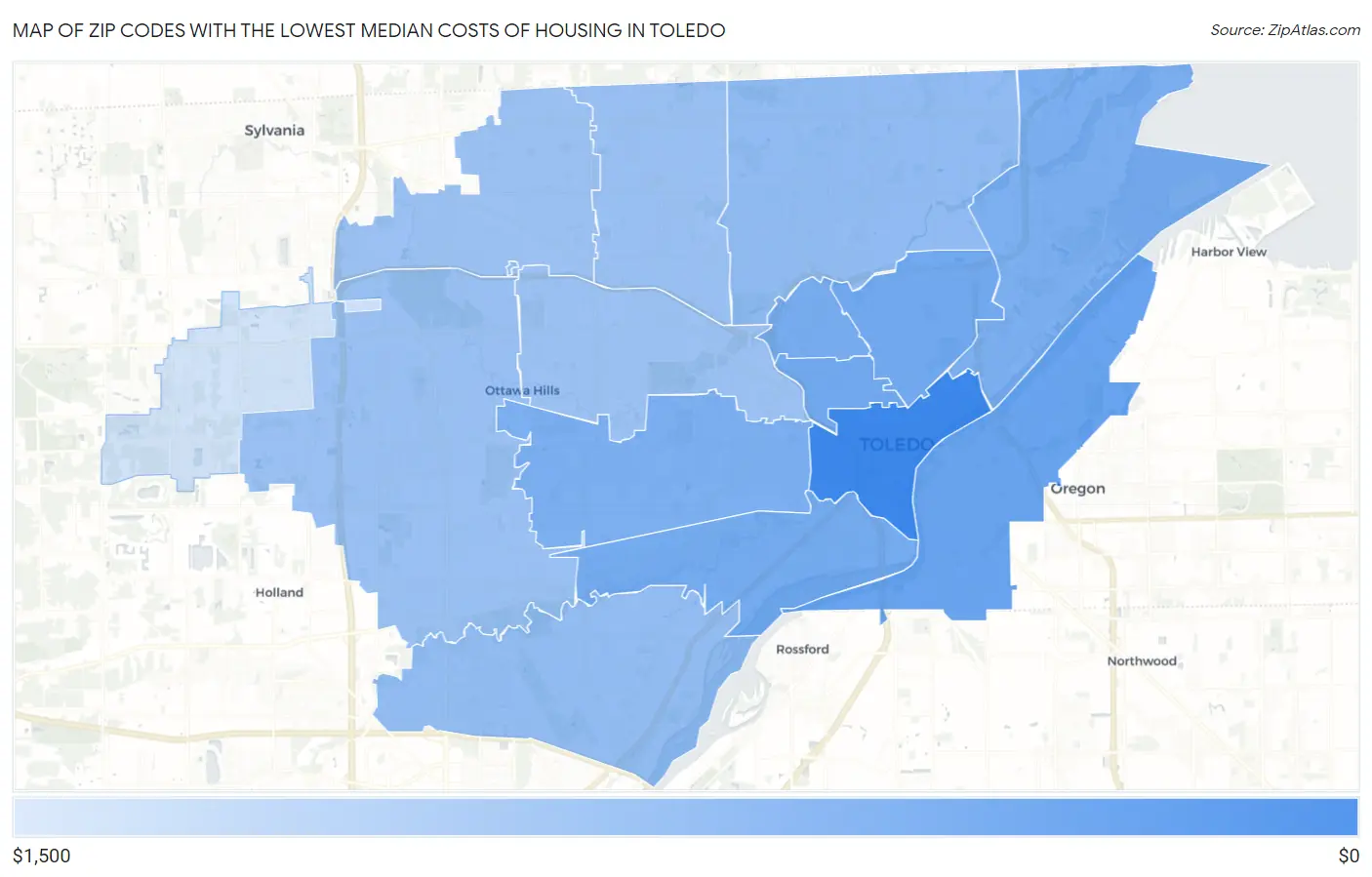 Zip Codes with the Lowest Median Costs of Housing in Toledo Map